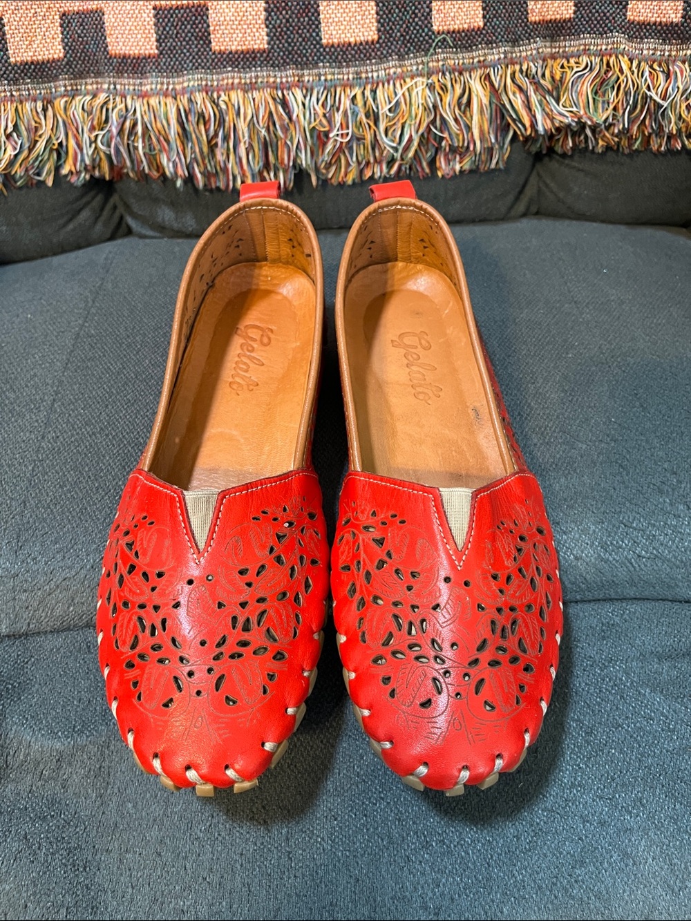 Gelato Red Perforated Leather Loafers EUR 39 US 8.5